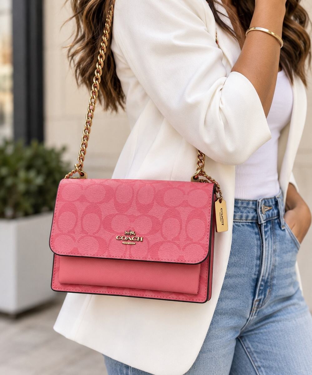 Coach C9926 Signature Pink Flap Crossbody Bag Gold Chain Shoulder Purse